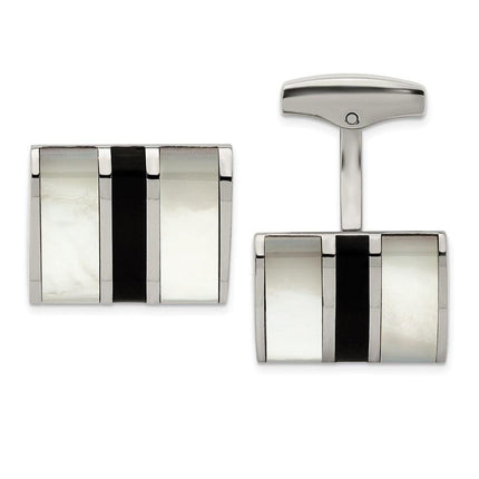 Stainless Steel Polished Black Semi-Precious Stone & MOP Cufflinks ,
