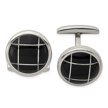 Stainless Steel Polished Black Semi-Precious Stone Round Cufflinks ,