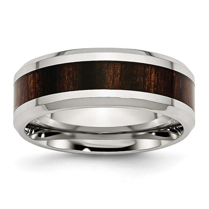 Stainless Steel Polished Black Wood Inlay Enameled 8.00mm Ring ,
