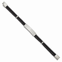 Stainless Steel Polished Black Woven Leather 2 Strand 8.25in Bracelet ,