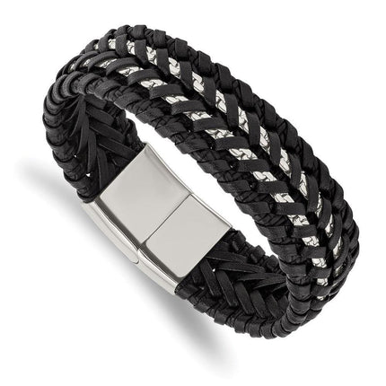 Stainless Steel Polished Black Woven Leather and Chain 8.5in Bracelet ,