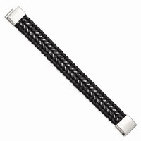 Stainless Steel Polished Black Woven Leather and Chain 8.5in Bracelet ,