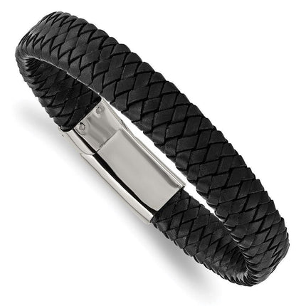 Stainless Steel Polished Black Woven Leather Bracelet ,
