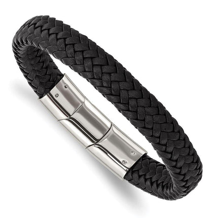 Stainless Steel Polished Black Woven Leather w/.5in ext 8in Bracelet ,