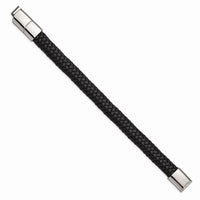 Stainless Steel Polished Black Woven Leather w/.5in ext 8in Bracelet ,