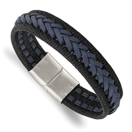 Stainless Steel Polished Black/Blue Braided Leather 8.25in Bracelet ,