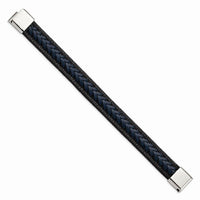 Stainless Steel Polished Black/Blue Braided Leather 8.25in Bracelet ,
