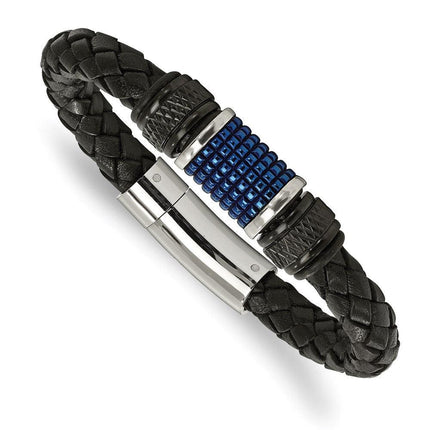 Stainless Steel Polished Blk & Blue IP Blk Rubber Blk Leather Bracelet ,