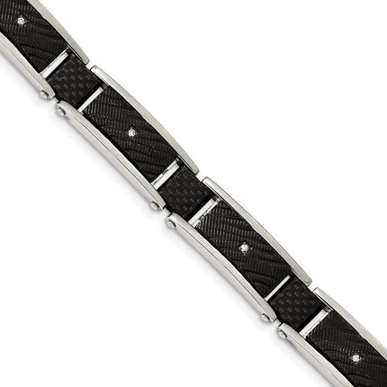 Stainless Steel Polished Blk IP w/CZ and Black Carbon Fiber 8.75in Bracelet ,