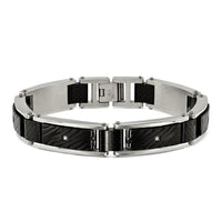 Stainless Steel Polished Blk IP w/CZ and Black Carbon Fiber 8.75in Bracelet ,