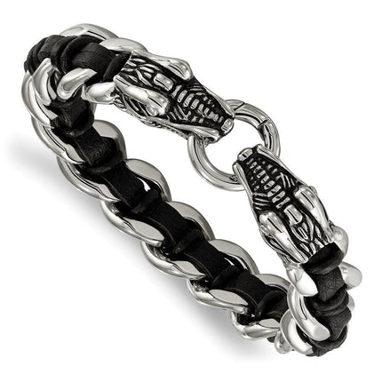 Stainless Steel Polished Blk Leather Antiqued Dragon Head Bracelet ,