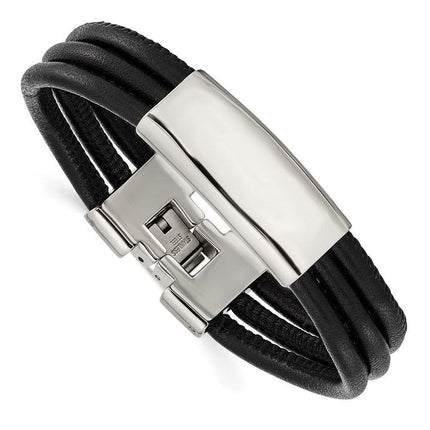 Stainless Steel Polished Blk Leather ID Bracelet ,