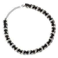 Stainless Steel Polished Blk Leather w/2in. Ext. Curb Choker Necklace ,