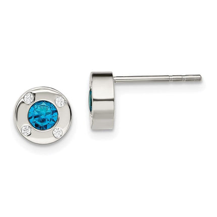 Stainless Steel Polished Blue and Clear CZ Post Earrings ,