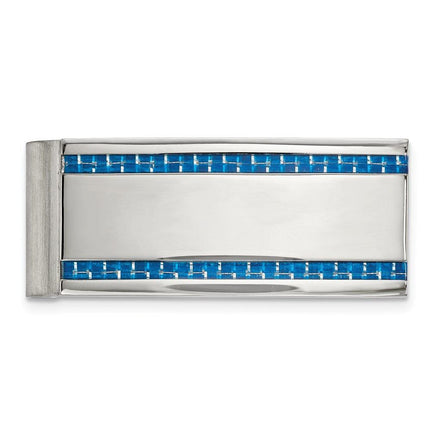 Stainless Steel Polished Blue Carbon Fiber Inlay Money Clip ,