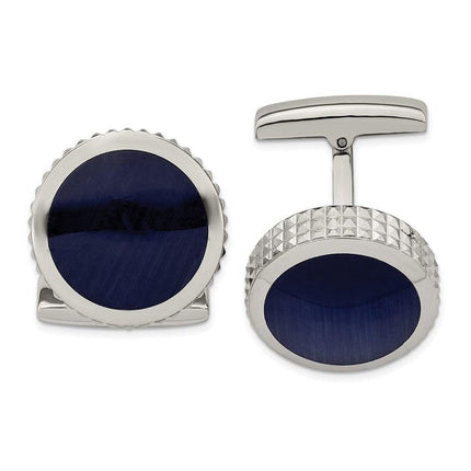 Stainless Steel Polished Blue Cat's Eye Textured Round Cufflinks ,