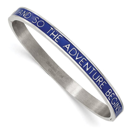 Stainless Steel Polished Blue Enamel ADVENTURE BEGINS 6mm Bangle ,