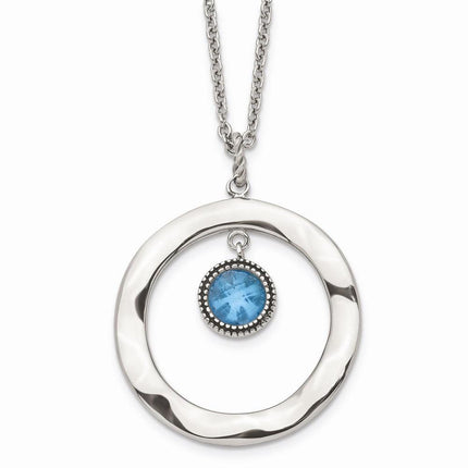 Stainless Steel Polished Blue Glass Circle w/ 2in ext. Necklace ,