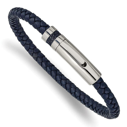 Stainless Steel Polished Blue Leather 8.25in Bracelet ,