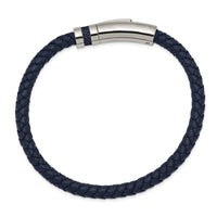 Stainless Steel Polished Blue Leather 8.25in Bracelet ,