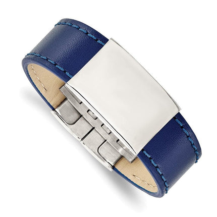 Stainless Steel Polished Blue Leather 8.25in ID Bracelet ,