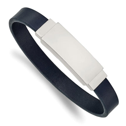 Stainless Steel Polished Blue Leather 8.5in ID Bracelet ,