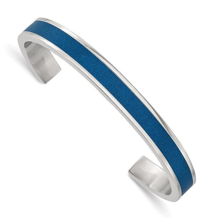 Stainless Steel Polished Blue Leather Inlay 8mm Cuff Bangle ,