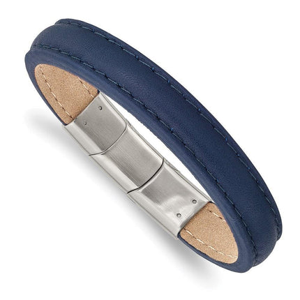 Stainless Steel Polished Blue Leather w/.5in ext 7.75in Bracelet ,