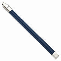 Stainless Steel Polished Blue Leather w/.5in ext 7.75in Bracelet ,