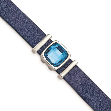 Stainless Steel Polished Blue Leather w/Crystal w/1.25in ext 7in Bracelet ,