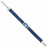Stainless Steel Polished Blue Leather w/Crystal w/1.25in ext 7in Bracelet ,