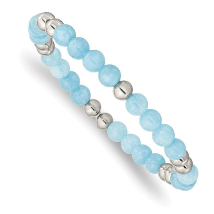 Stainless Steel Polished Blue Quartz Beaded Stretch Bracelet ,