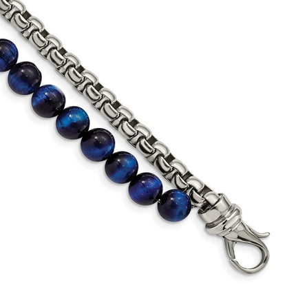 Stainless Steel Polished Box Chain & Blue Tiger's Eye 2 Strand 8.5in Bracel ,