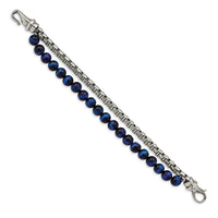 Stainless Steel Polished Box Chain & Blue Tiger's Eye 2 Strand 8.5in Bracel ,