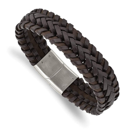 Stainless Steel Polished Braided Brown Leather 8.5in Bracelet ,