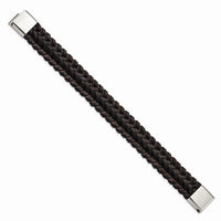 Stainless Steel Polished Braided Brown Leather 8.5in Bracelet ,
