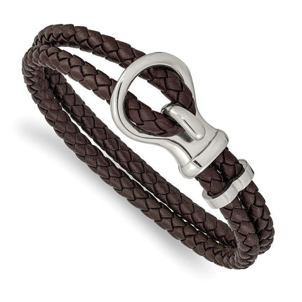 Stainless Steel Polished Braided Brown Leather 8in Bracelet ,