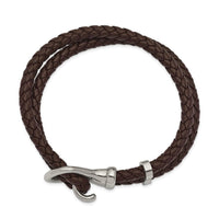 Stainless Steel Polished Braided Brown Leather 8in Bracelet ,