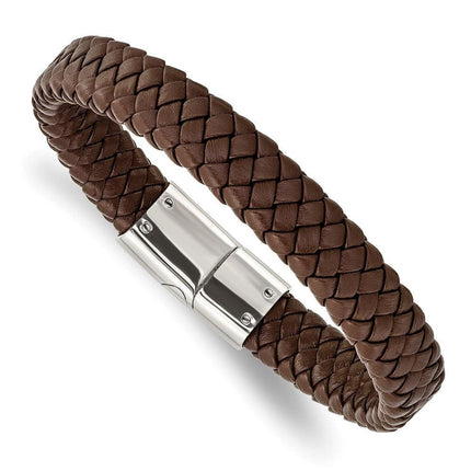 Stainless Steel Polished Braided Brown Leather Bracelet ,