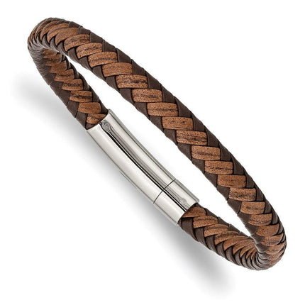 Stainless Steel Polished Brown Braided Leather 8.25in Bracelet ,