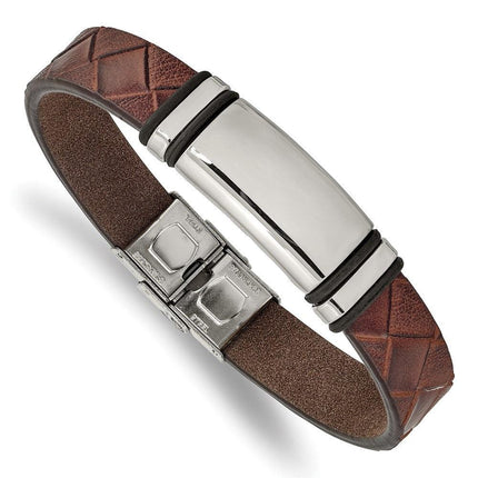 Stainless Steel Polished Brown Faux Leather w/ Black Rubber ID Bracelet ,