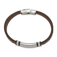 Stainless Steel Polished Brown Faux Leather w/ Black Rubber ID Bracelet ,
