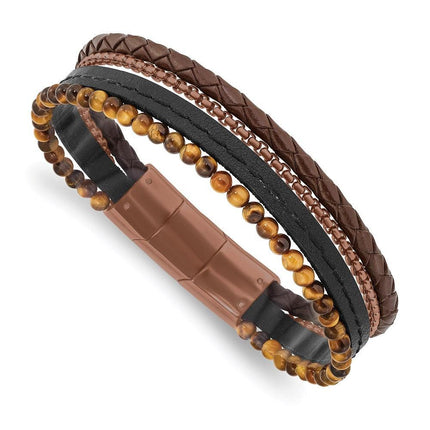Stainless Steel Polished Brown IP w/Tiger's Eye Leather w/.5in ext Bracele ,
