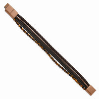 Stainless Steel Polished Brown IP w/Tiger's Eye Leather w/.5in ext Bracele ,