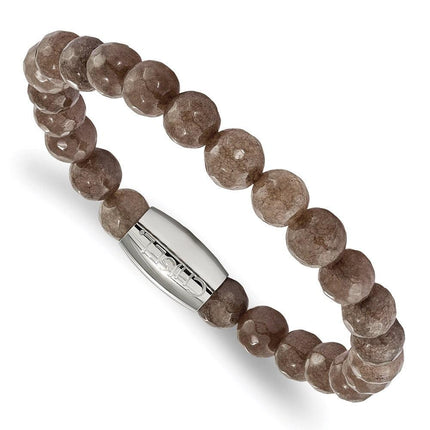 Stainless Steel Polished Brown Jade Bead Stretch Bracelet ,