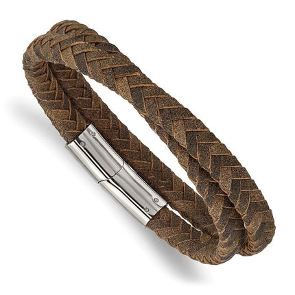 Stainless Steel Polished Brown Leather 14.75in Wrap Bracelet ,
