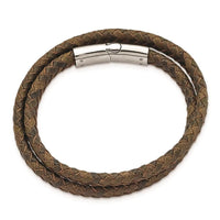 Stainless Steel Polished Brown Leather 14.75in Wrap Bracelet ,