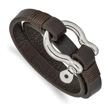 Stainless Steel Polished Brown Leather 16in Wrap Shackle Bracelet ,
