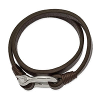 Stainless Steel Polished Brown Leather 16in Wrap Shackle Bracelet ,