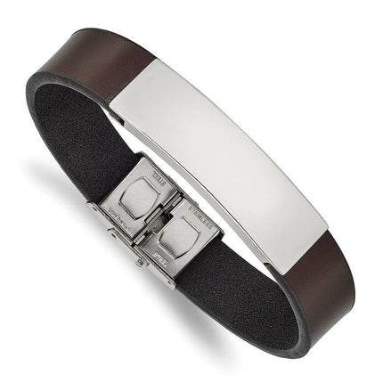 Stainless Steel Polished Brown Leather 8.25in ID Bracelet ,